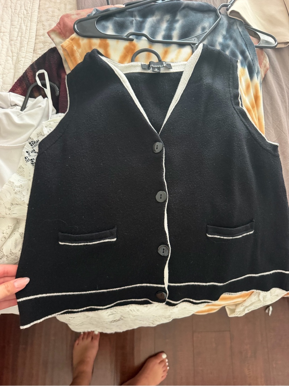 Black Sleeveless Button-Front Knit Vest with Contrast Trim